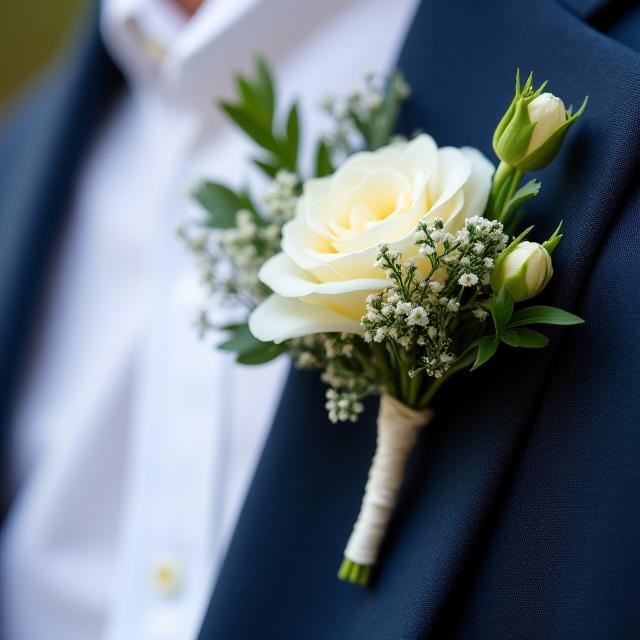 A close-up of a groom's floral buttonhole.