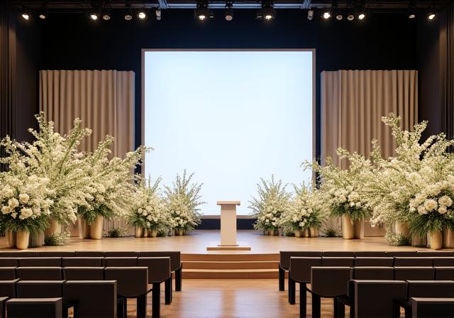 Stage decorated with floral arrangements for a corporate event.