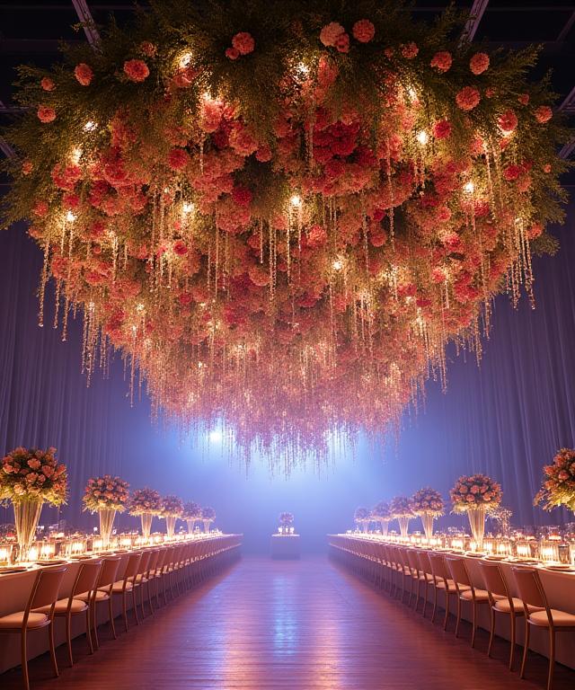A large-scale hanging floral installation at an event.
