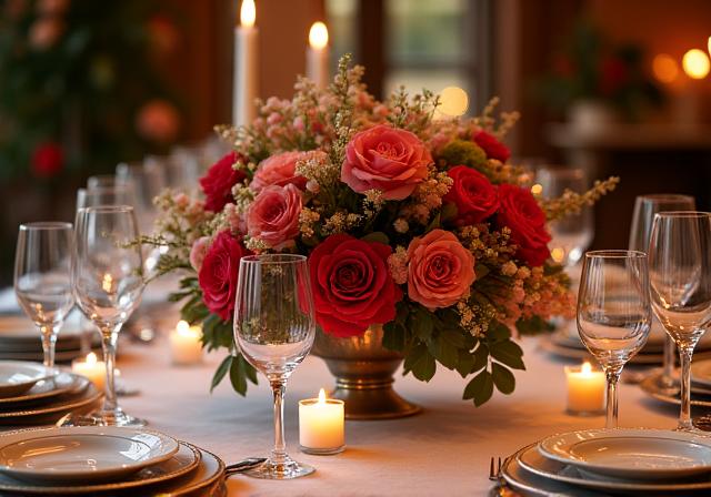 An ornate floral centerpiece on a dining table.