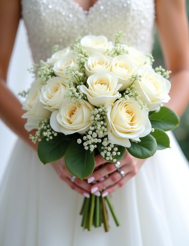 A bride holding a cascading wedding bouquet.