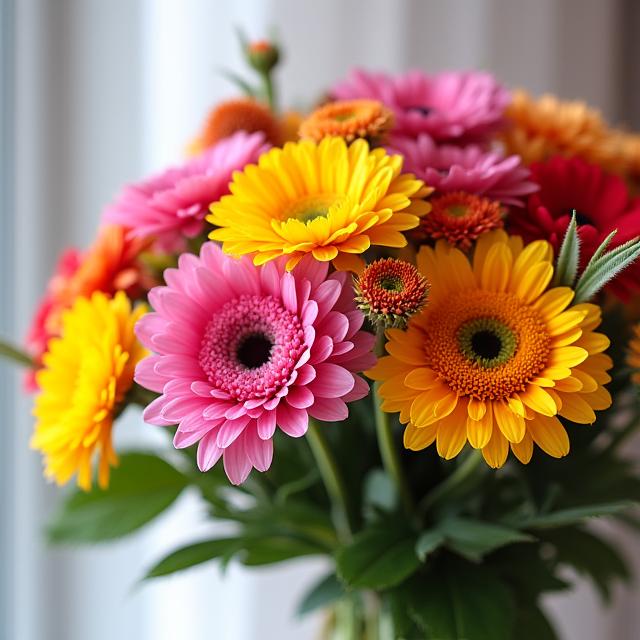 A close-up of a vibrant, hand-tied bespoke flower bouquet.