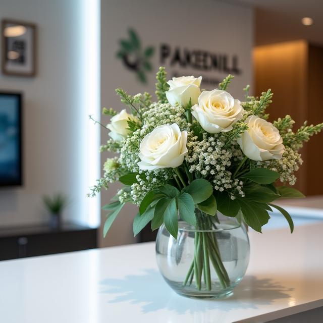An elegant floral arrangement on a modern corporate reception desk.