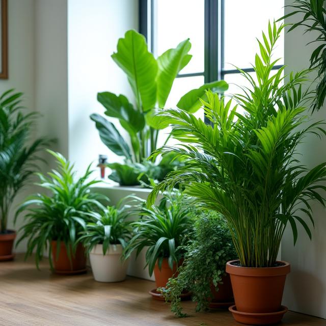 A variety of lush green potted plants styling an office corner.
