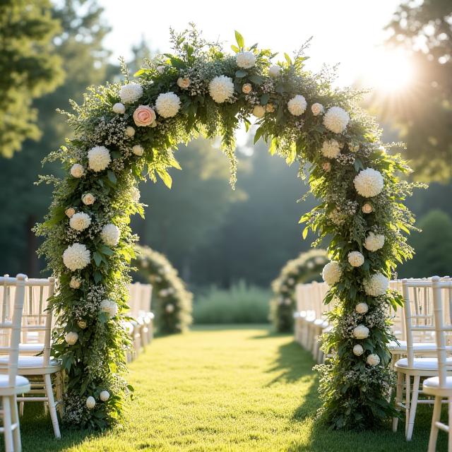 A beautiful floral arch decorated for an outdoor wedding ceremony.