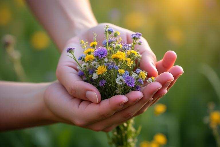 A hand holding a bunch of freshly cut wildflowers from a British field.