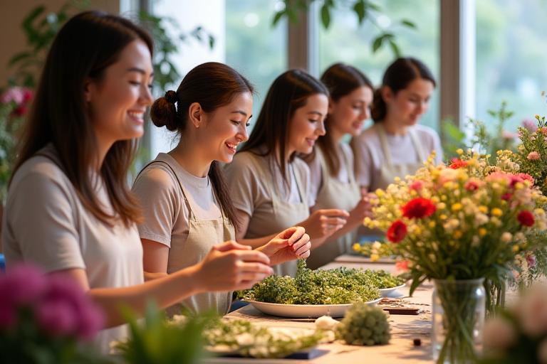 A group of people smiling and arranging flowers during a floral workshop.